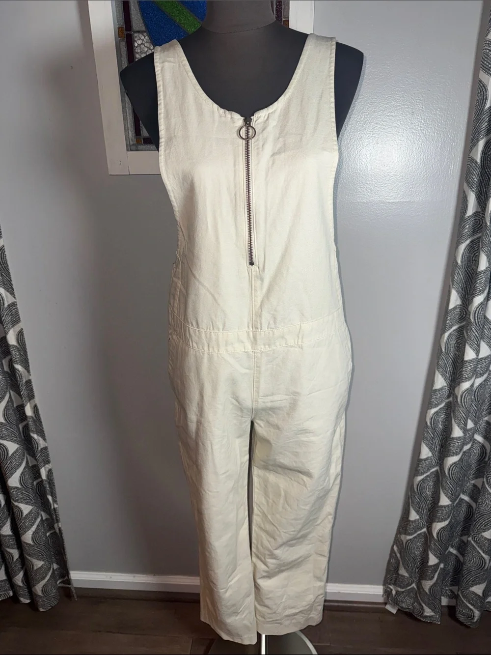 Hurley Off-White Canvas Utility Overall Jumpsuit Size Medium O-Ring Zip Front